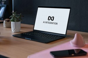 Ordinateur utilisé avec des outils d’intelligence artificielle, illustration d’Apple Intelligence