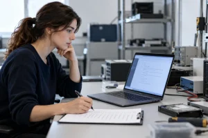 Analyste testant une tâche d’agent IA dans un environnement de travail isolé.