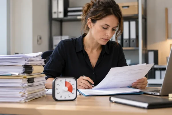Employée mesurant la durée d’un processus administratif avant son automatisation.