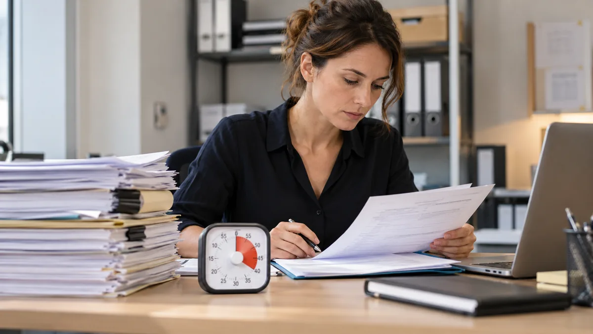 Employée mesurant la durée d’un processus administratif avant son automatisation.