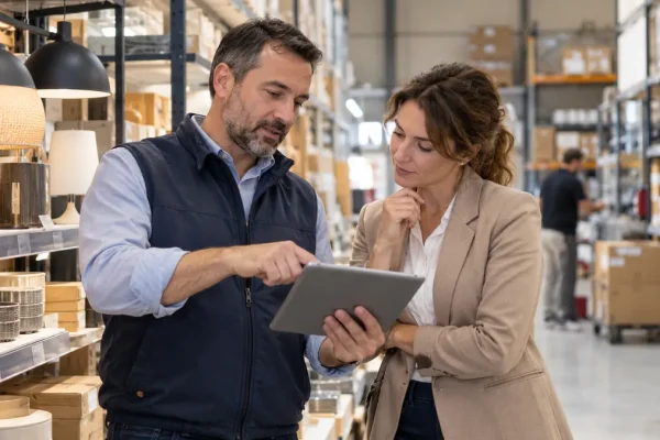 Fournisseur présentant un catalogue numérique B2B à une cliente dans son showroom.