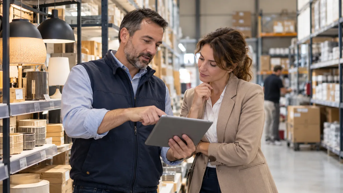 Fournisseur présentant un catalogue numérique B2B à une cliente dans son showroom.