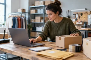 Commerçante en ligne examinant les besoins d’hébergement de son site près de commandes à expédier.
