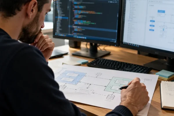 Développeur préparant le flux de données entre deux logiciels sur un schéma papier.
