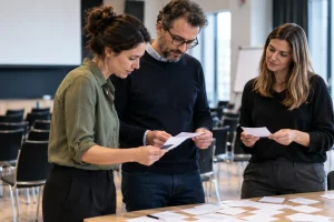 Organisateurs analysant des retours de participants après un atelier professionnel.