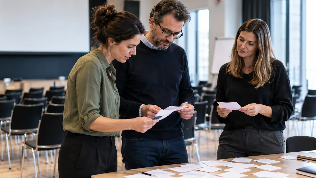 Organisateurs analysant des retours de participants après un atelier professionnel.
