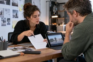 Éditrice et cliente examinant les autorisations d’utilisation d’une vidéo.