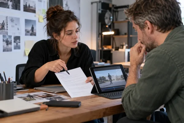Éditrice et cliente examinant les autorisations d’utilisation d’une vidéo.