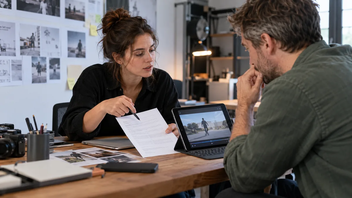 Éditrice et cliente examinant les autorisations d’utilisation d’une vidéo.