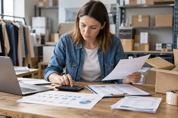 Commerçante rapprochant les ventes, les retours et les coûts d’une campagne.