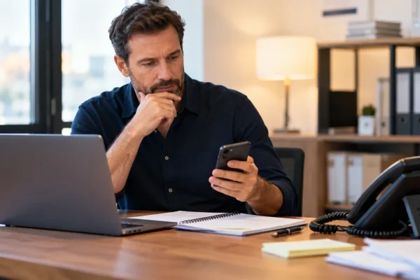 Dirigeant suivant les appels reçus et les demandes de devis dans son entreprise.