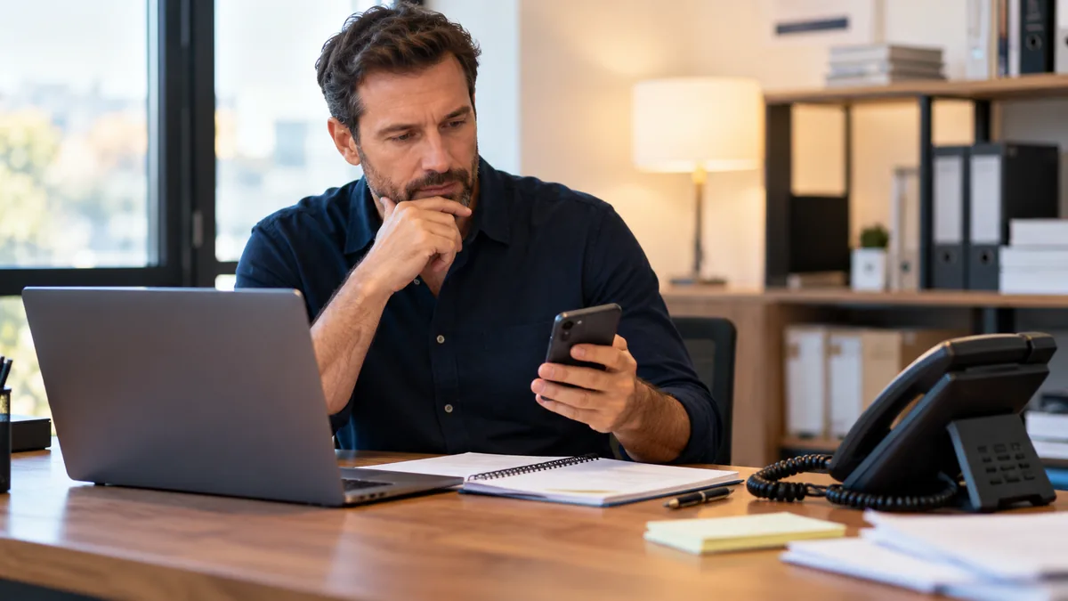 Dirigeant suivant les appels reçus et les demandes de devis dans son entreprise.