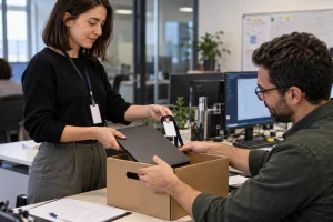 Illustration : Retour d’un ordinateur professionnel et d’un badge lors d’un départ