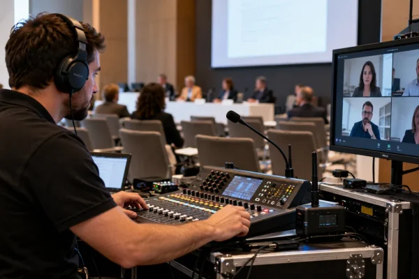 Technicien vérifiant microphones, mixage audio et écran distant dans une salle d’événement hybride.
