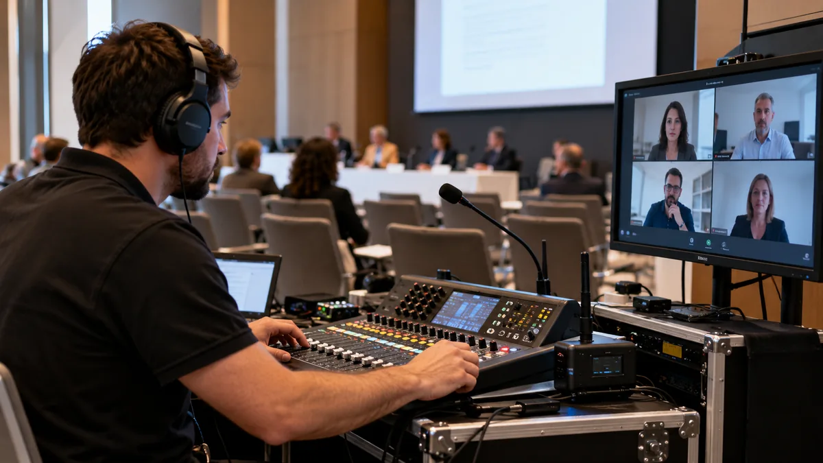 Technicien vérifiant microphones, mixage audio et écran distant dans une salle d’événement hybride.