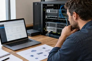 Technicien comparant une solution d’hébergement web à un serveur virtuel avec un schéma réseau.