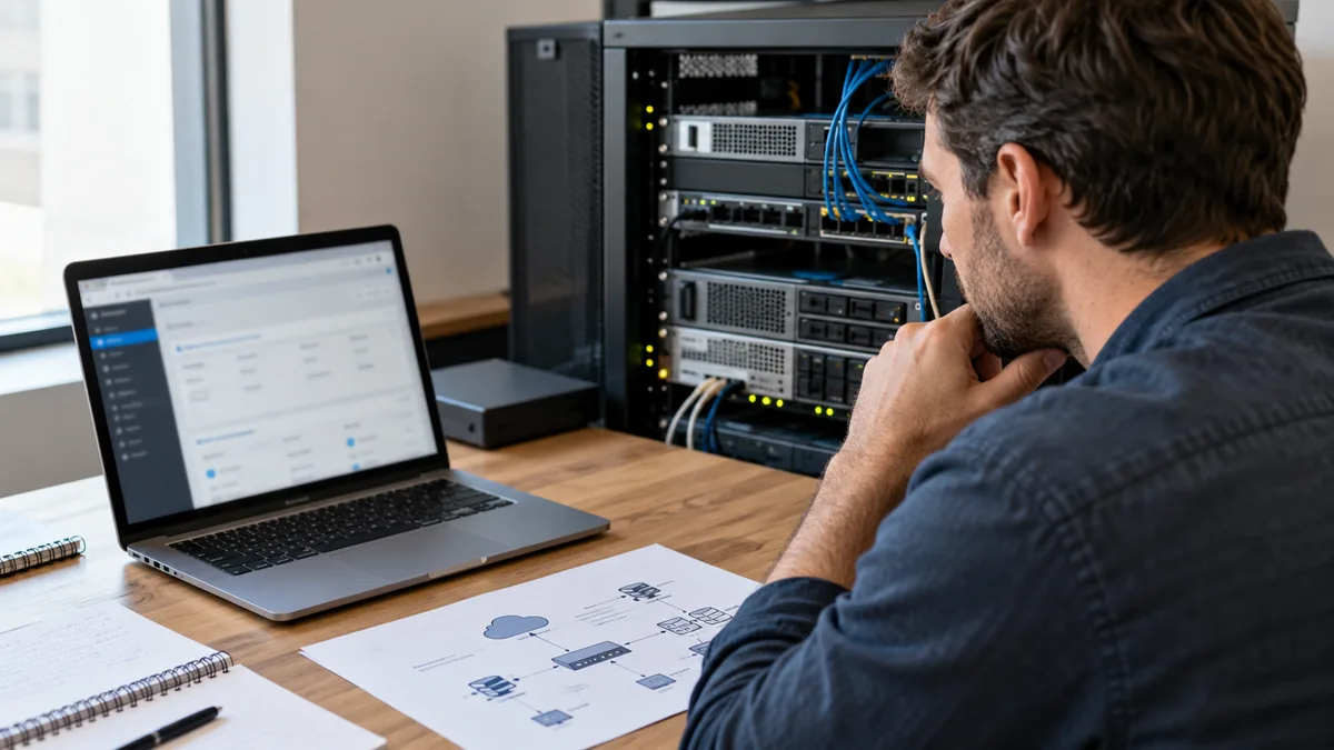 Technicien comparant une solution d’hébergement web à un serveur virtuel avec un schéma réseau.