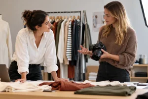 Petite marque et créatrice de contenu préparant une collaboration autour de produits.