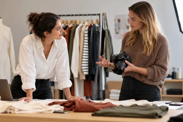 Petite marque et créatrice de contenu préparant une collaboration autour de produits.