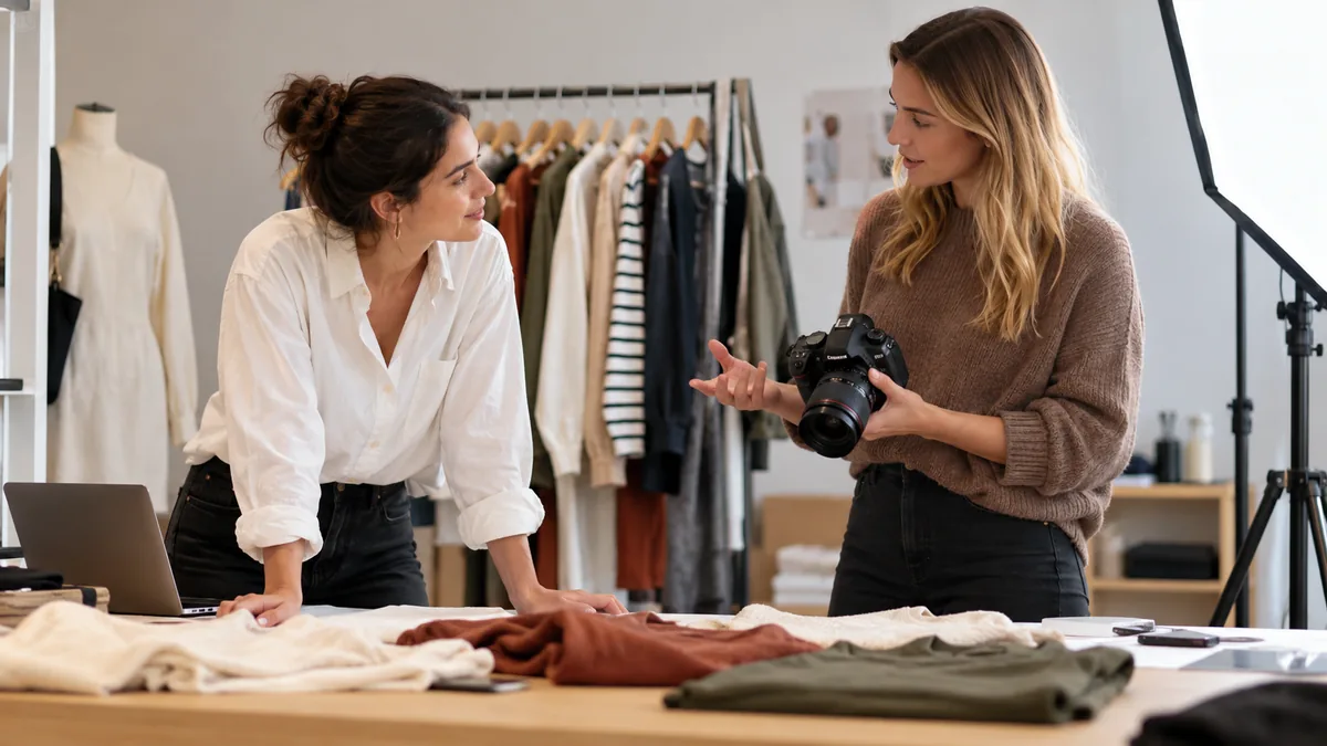 Petite marque et créatrice de contenu préparant une collaboration autour de produits.