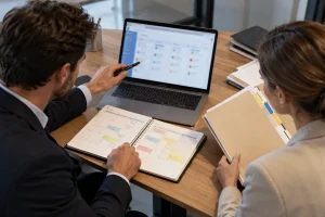 Responsables examinant un calendrier d’opportunités pour préparer leurs prévisions de ventes.