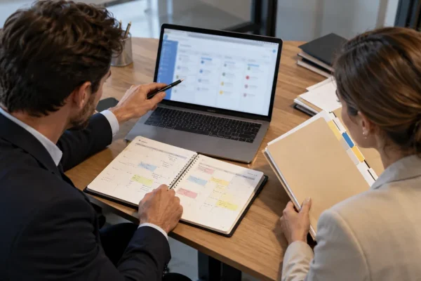 Responsables examinant un calendrier d’opportunités pour préparer leurs prévisions de ventes.