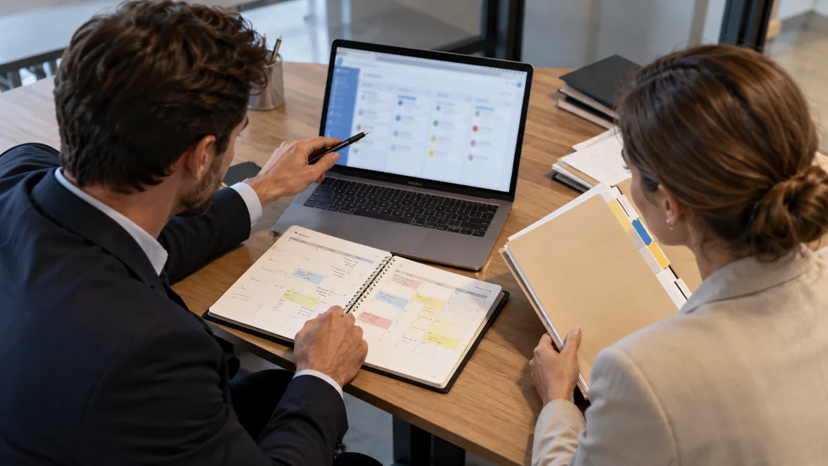 Responsables examinant un calendrier d’opportunités pour préparer leurs prévisions de ventes.