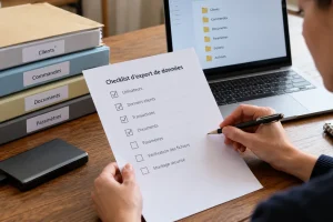 Entrepreneur vérifiant un export de données et ses pièces jointes avant de choisir un logiciel.