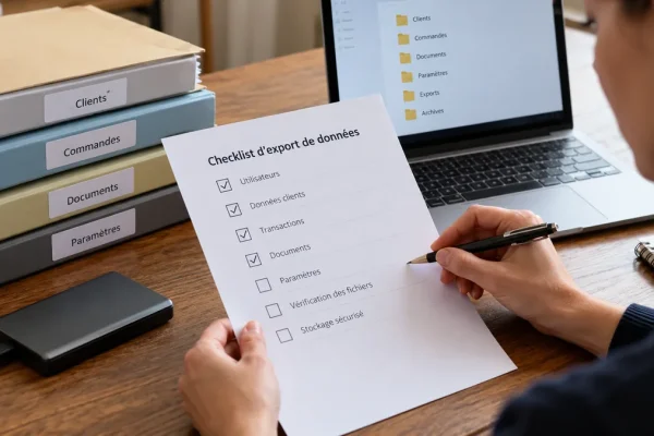 Entrepreneur vérifiant un export de données et ses pièces jointes avant de choisir un logiciel.