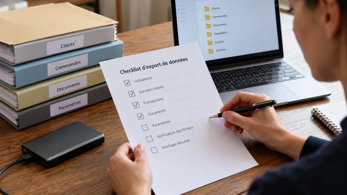 Entrepreneur vérifiant un export de données et ses pièces jointes avant de choisir un logiciel.