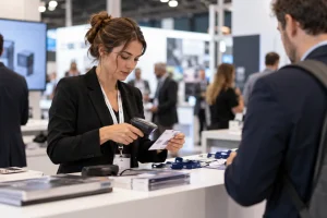 Équipe commerciale organisant les contacts collectés sur un stand de salon professionnel.