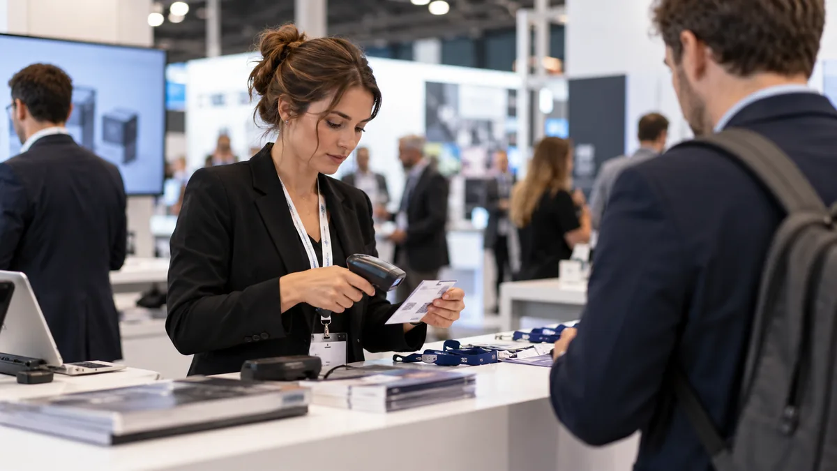 Équipe commerciale organisant les contacts collectés sur un stand de salon professionnel.