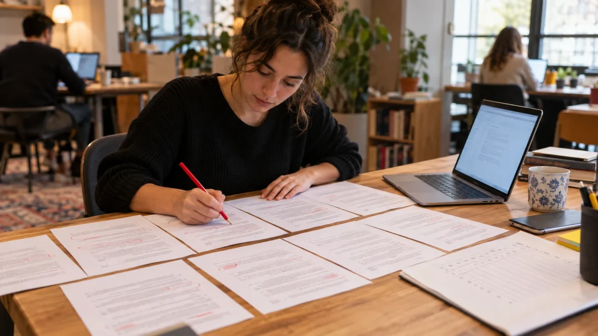 Illustration : Correction de réponses d’une IA avec un crayon rouge et une grille de test