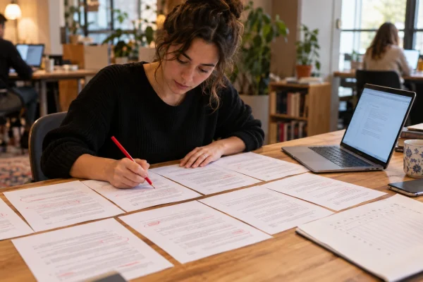 Illustration : Correction de réponses d’une IA avec un crayon rouge et une grille de test