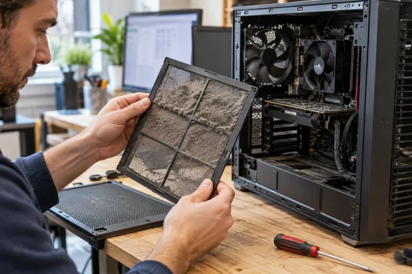 Illustration : Inspection d’un filtre de ventilation et d’un ordinateur déconnecté