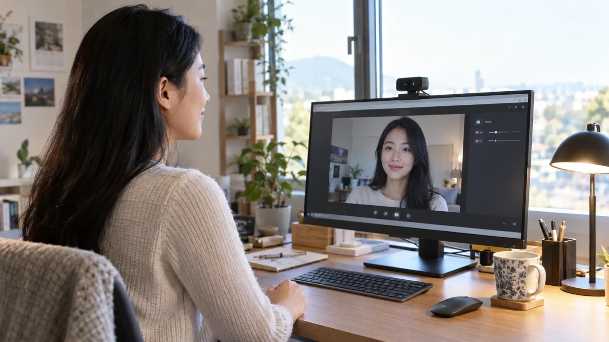 Illustration : Installation d’une webcam face à une fenêtre dans un espace de travail