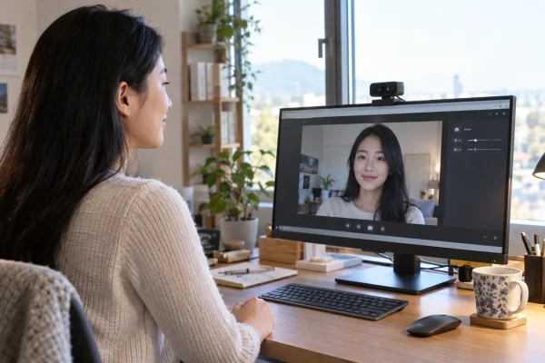 Illustration : Installation d’une webcam face à une fenêtre dans un espace de travail